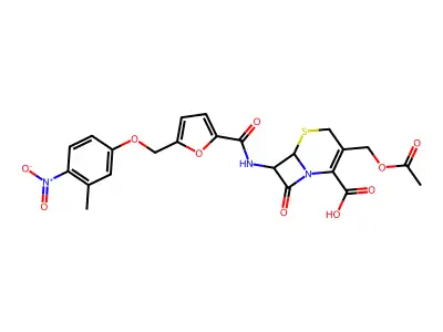 3-[(acetyloxy)methyl]-7-[({5-[(3-methyl-4-nitrophenoxy)methyl]furan-2-yl}carbonyl)amino]-8-oxo-5-thia-1-azabicyclo[4.2.0]oct-2-ene-2-carboxylic acid structure