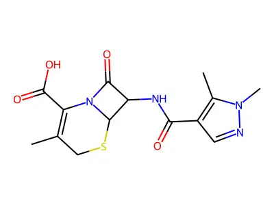 7-{[(1,5-dimethyl-1H-pyrazol-4-yl)carbonyl]amino}-3-methyl-8-oxo-5-thia-1-azabicyclo[4.2.0]oct-2-ene-2-carboxylic acid structure