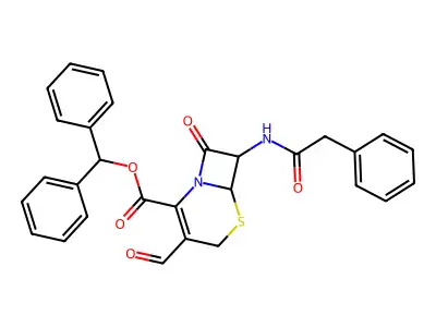 Benzhydryl 3-formyl-6-oxo-7-[(2-phenylacetyl)amino]-7,7a-dihydro-2H,6H-azeto[2,1-b][1,3]thiazine-4-carboxylate structure