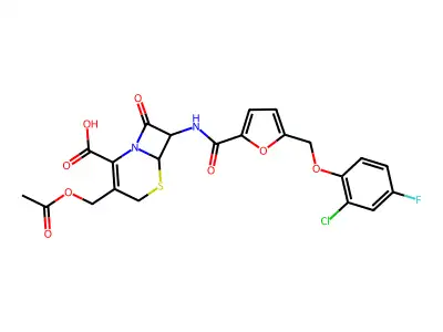 3-(acetoxymethyl)-7-(5-((2-chloro-4-fluorophenoxy)methyl)furan-2-carboxamido)-8-oxo-5-thia-1-azabicyclo[4.2.0]oct-2-ene-2-carboxylic acid structure