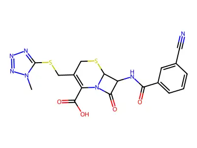 7-{[(3-cyanophenyl)carbonyl]amino}-3-{[(1-methyl-1H-tetrazol-5-yl)sulfanyl]methyl}-8-oxo-5-thia-1-azabicyclo[4.2.0]oct-2-ene-2-carboxylic acid structure