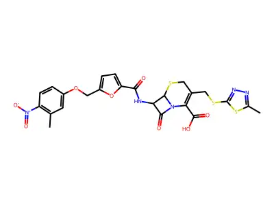 3-(((5-methyl-1,3,4-thiadiazol-2-yl)thio)methyl)-7-(5-((3-methyl-4-nitrophenoxy)methyl)furan-2-carboxamido)-8-oxo-5-thia-1-azabicyclo[4.2.0]oct-2-ene-2-carboxylic acid structure