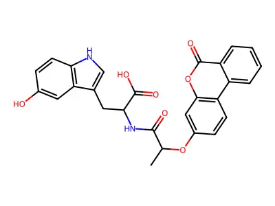 3-(5-hydroxy-1H-indol-3-yl)-2-(2-((6-oxo-6H-benzo[c]chromen-3-yl)oxy)propanamido)propanoic acid structure