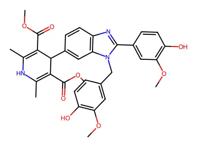 3,5-Pyridinedicarboxylic acid, 1,4-dihydro-4-(2-(4-hydroxy-3-methoxyphenyl)-1-((4-hydroxy-3-methoxyphenyl)methyl)-1H-benzimidazol-6-yl)-2,6-dimethyl-, dimethyl ester structure