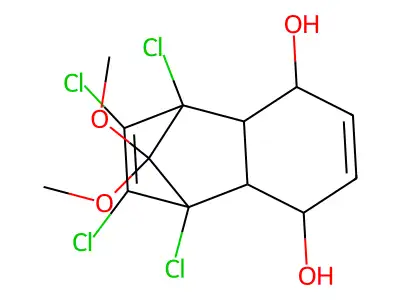 1,2,3,4-Tetrachloro-9,9-dimethoxy-hexahydro-1,4-methano-naphthalene-5,8-diol structure