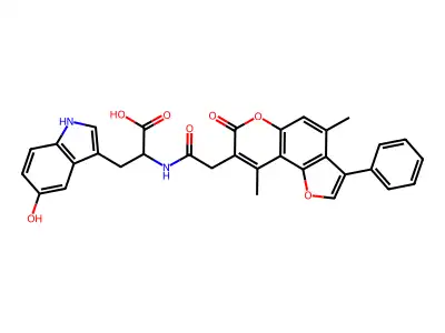 N-[(4,9-dimethyl-7-oxo-3-phenyl-7H-furo[2,3-f]chromen-8-yl)acetyl]-5-hydroxytryptophan structure