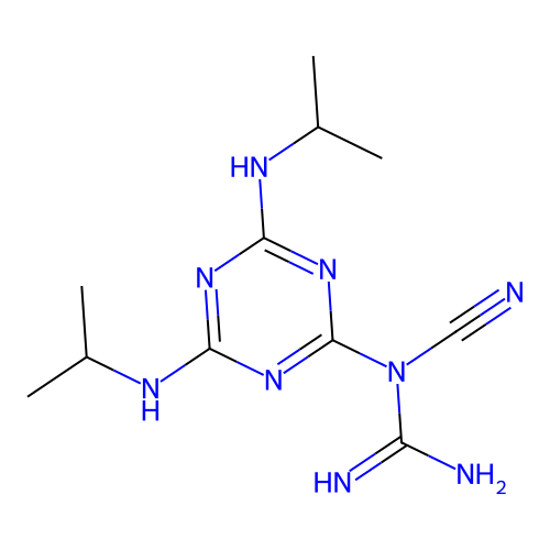 1-[4,6-Bis(propan-2-ylamino)-1,3,5-triazin-2-yl]-1-cyanoguanidine structure