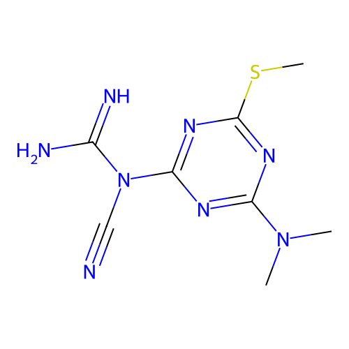 1-Cyano-1-(4-(dimethylamino)-6-(methylthio)-1,3,5-triazin-2-yl)guanidine structure