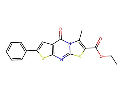5H-Thiazolo(3,2-a)thieno(2,3-d)pyrimidine-2-carboxylic acid, 3-methyl-5-oxo-7-phenyl-, ethyl ester structure