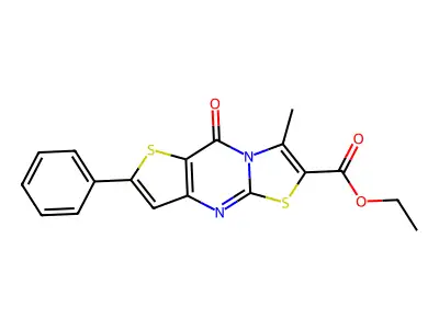 9H-Thiazolo(3,2-a)thieno(3,2-d)pyrimidine-6-carboxylic acid, 7-methyl-9-oxo-2-phenyl-, ethyl ester structure