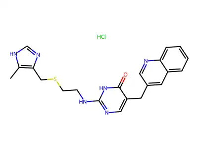 4(1H)-Pyrimidinone, 2-((2-(((5-methyl-1H-imidazol-4-yl)methyl)thio)ethyl)amino)-5-(3-quinolinylmethyl)-, trihydrochloride, monohydrate structure