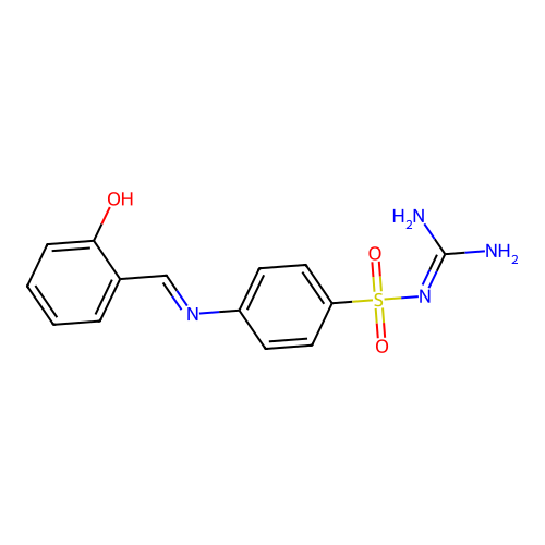 N-carbamimidoyl-4-{[(E)-(2-hydroxyphenyl)methylidene]amino}benzenesulfonamide structure