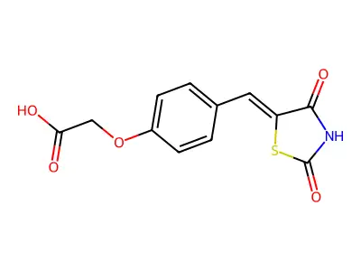 2-[4-[(Z)-(2,4-dioxo-1,3-thiazolidin-5-ylidene)methyl]phenoxy]acetic acid structure