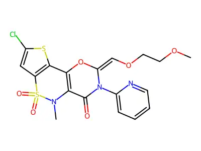 4H,5H-Thieno(2',3':5,6)(1,2)thiazino(3,4-c)-1,3-oxazin-4-one, 2,3-dihydro-8-chloro-2-((2-methoxyethoxy)methylene)-5-methyl-3-(2-pyridinyl)-, 6,6-dioxide structure