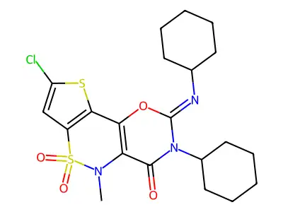 4H,5H-Thieno(2',3':5,6)(1,2)thiazino(3,4-c)-1,3-oxazin-4-one, 2,3-dihydro-8-chloro-3-cyclohexyl-2-(cyclohexylimino)-5-methyl-, 6,6-dioxide structure
