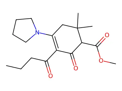 methyl 3-butanoyl-6,6-dimethyl-2-oxo-4-pyrrolidin-1-ylcyclohex-3-ene-1-carboxylate structure