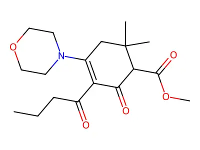 methyl 3-butanoyl-6,6-dimethyl-4-morpholin-4-yl-2-oxocyclohex-3-ene-1-carboxylate structure