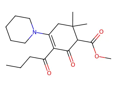 Methyl 3-butyryl-6,6-dimethyl-2-oxo-4-(piperidin-1-yl)cyclohex-3-enecarboxylate structure