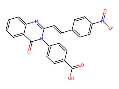 (E)-4-(2-(4-nitrostyryl)-4-oxoquinazolin-3(4H)-yl)benzoic acid structure