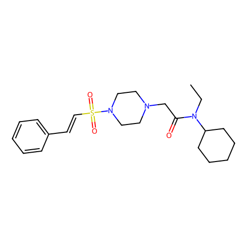 N-cyclohexyl-N-ethyl-2-[4-[(E)-2-phenylethenyl]sulfonylpiperazin-1-yl]acetamide structure