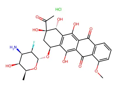 7-O-(3-amino-2,3,6-trideoxy-2-fluorotalopyranosyl)daunomycinone structure