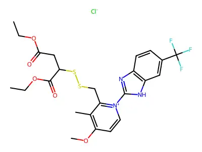 Pyridinium, 2-(((3-ethoxy-1-(ethoxycarbonyl)-3-oxopropyl)dithio)methyl)-4-methoxy-3-methyl-1-(5-(trifluoromethyl)-1H-benzimidazol-2-yl)-, chloride structure