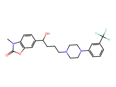(((Trifluoromethyl-3 phenyl)-4 piperazinyl-1)-4 hydroxy-1 butyl)-6 methyl-3 benzoxazolinone structure