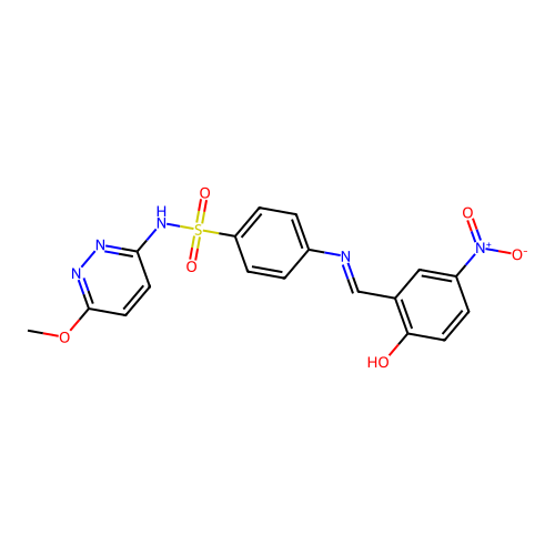 (E)-4-((2-hydroxy-5-nitrobenzylidene)amino)-N-(6-methoxypyridazin-3-yl)benzenesulfonamide structure