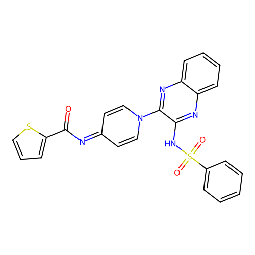 N-[1-[3-(benzenesulfonamido)quinoxalin-2-yl]pyridin-4-ylidene]thiophene-2-carboxamide structure