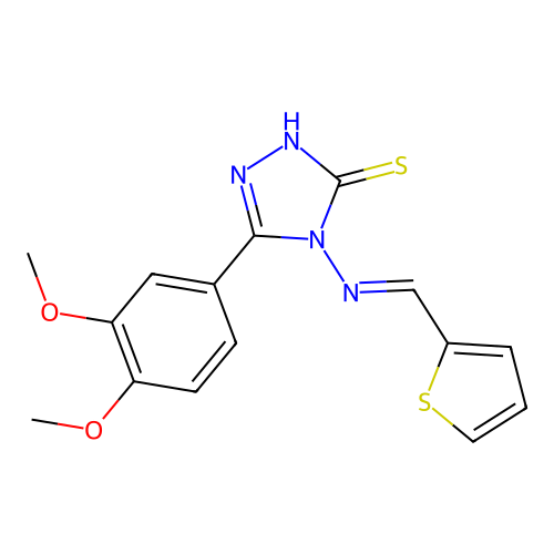 (E)-5-(3,4-dimethoxyphenyl)-4-((thiophen-2-ylmethylene)amino)-4H-1,2,4-triazole-3-thiol structure