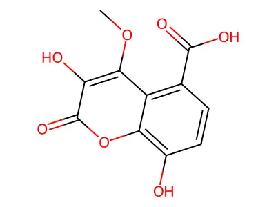 3,8-dihydroxy-4-methoxy-2-oxo-2-H-1-benzopyran-5-carboxylic acid structure