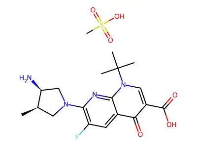 1,8-Naphthyridine-3-carboxylic acid, 1,4-dihydro-7-(3-amino-4-methyl-1-pyrrolidinyl)-1-(1,1-dimethylethyl)-6-fluoro-4-oxo-, cis-(+-)-, monomethanesulfonate, hydrate structure