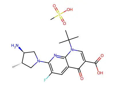 1,8-Naphthyridine-3-carboxylic acid, 1,4-dihydro-7-(3-amino-4-methyl-1-pyrrolidinyl)-1-(1,1-dimethylethyl)-6-fluoro-4-oxo-, trans-(+-)-, monomethanesulfonate, hydrate structure