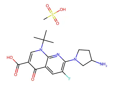 1,8-Naphthyridine-3-carboxylic acid, 1,4-dihydro-7-(3-amino-1-pyrrolidinyl)-1-(1,1-dimethylethyl)-6-fluoro-4-oxo-, (+-)-, monomethanesulfonate structure