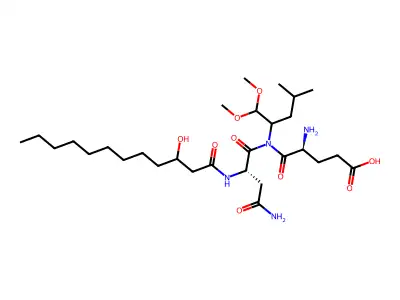 (4S)-4-amino-5-[[(2S)-4-amino-2-(3-hydroxydodecanoylamino)-4-oxobutanoyl]-(1,1-dimethoxy-4-methylpentan-2-yl)amino]-5-oxopentanoic acid structure