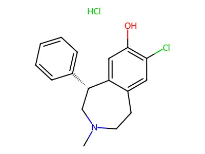 R-(+)-8-chloro-2,3,4,5-tetrahydro-3-methyl-5-phenyl-1H-3-benzazepine-7-ol structure
