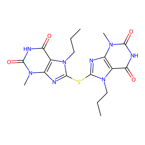 8,8'-thiobis(3-methyl-7-propyl-1H-purine-2,6(3H,7H)-dione) structure