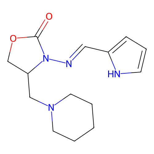 4-(piperidin-1-ylmethyl)-3-(1H-pyrrol-2-ylmethylideneamino)-1,3-oxazolidin-2-one structure