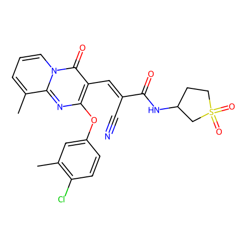 (2E)-3-[2-(4-chloro-3-methylphenoxy)-9-methyl-4-oxo-4H-pyrido[1,2-a]pyrimidin-3-yl]-2-cyano-N-(1,1-dioxidotetrahydrothiophen-3-yl)prop-2-enamide structure