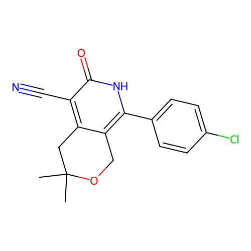 8-(4-chlorophenyl)-3,3-dimethyl-6-oxo-3,4,6,7-tetrahydro-1H-pyrano[3,4-c]pyridine-5-carbonitrile structure