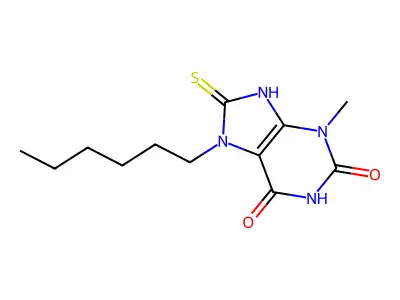 7-hexyl-3-methyl-8-sulfanylidene-9H-purine-2,6-dione structure
