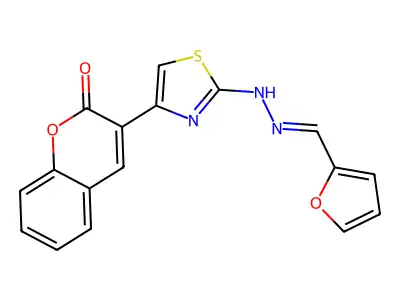 3-[2-[(2E)-2-(furan-2-ylmethylidene)hydrazinyl]-1,3-thiazol-4-yl]chromen-2-one structure