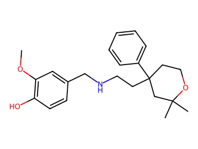 4-[[2-(2,2-Dimethyl-4-phenyloxan-4-yl)ethylazaniumyl]methyl]-2-methoxyphenolate structure
