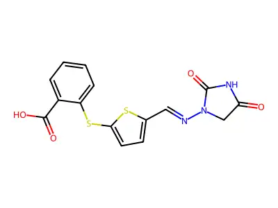 2-[5-[(2,4-Dioxoimidazolidin-1-yl)iminomethyl]thiophen-2-yl]sulfanylbenzoic acid structure