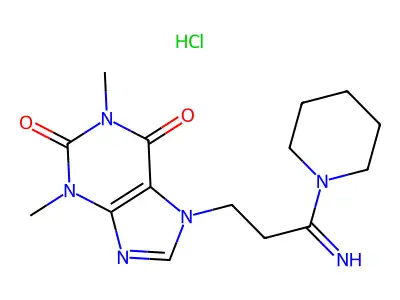 Piperidine, 1-(1-imino-3-(1,2,3,6-tetrahydro-1,3-dimethyl-2,6-dioxo-7H-purin-7-yl)propyl)-, monohydrochloride structure