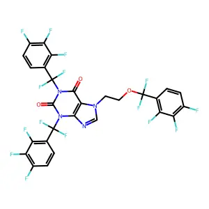 N1,N3-bis(pentafluorobenzyl)-N7-(2-(pentafluorobenzyloxy)ethyl)xanthine structure