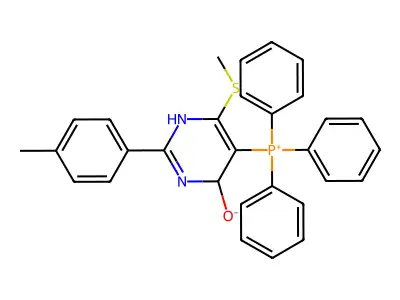 2-(4-methylphenyl)-6-methylsulfanyl-5-triphenylphosphaniumyl-1,4-dihydropyrimidin-4-olate structure