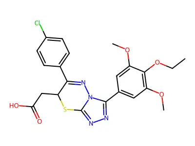 2-[6-(4-chlorophenyl)-3-(4-ethoxy-3,5-dimethoxyphenyl)-7H-[1,2,4]triazolo[3,4-b][1,3,4]thiadiazin-7-yl]acetic acid structure