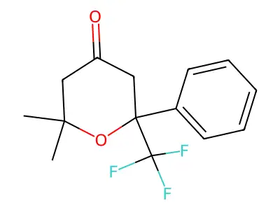 2,2-dimethyl-6-phenyl-6-(trifluoromethyl)tetrahydro-4H-pyran-4-one structure