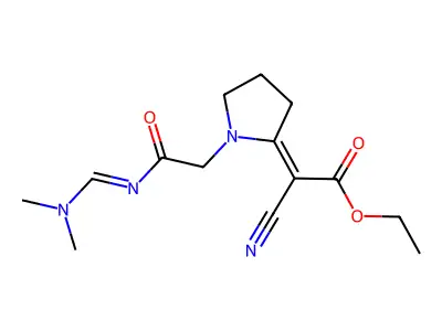 Acetic acid, cyano(1-(2-(((dimethylamino)methylene)amino)-2-oxoethyl)-2-pyrrolidinylidene)-, ethyl ester structure